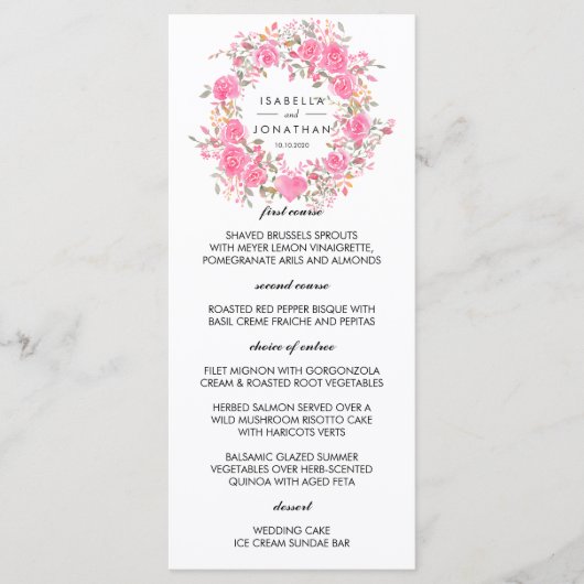 Roze Liefde | Bruiloft met krans van robuuste roze Menu (Voorkant)