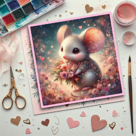 Roze Liefde Hart Waterverf Bloemen Muis Valentijn Feestdagenkaart