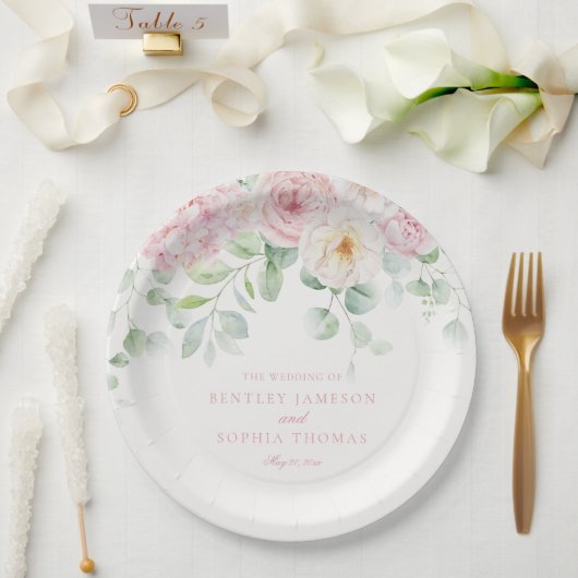 Roze liefde in bloei bloemenhortensia bruiloft papieren bordje (Huwelijk)