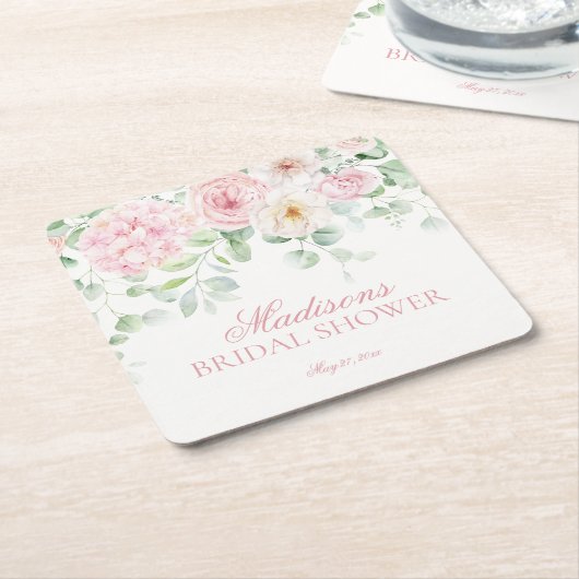 Roze Liefde in Bloei Bloemige Hortensia's Bruiloft Kartonnen Onderzetters (Schuin)