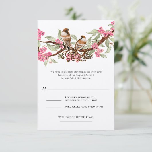 Roze Liefde Vogel Bruiloft RSVP (Staand voorkant)