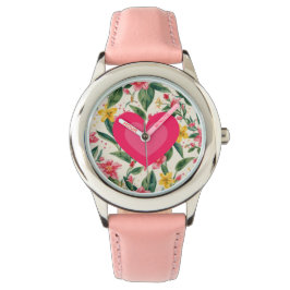 Roze Liefdeshart en Bloemenpatroon Horloge