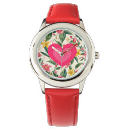 Roze Liefdeshart en Bloemenpatroon Horloge