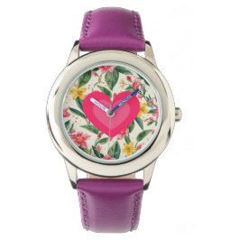 Roze Liefdeshart en Bloemenpatroon Horloge