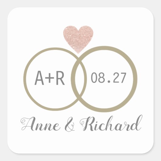 roze liefdeshart en huwelijksringen gepersonalisee vierkante sticker (Voorkant)