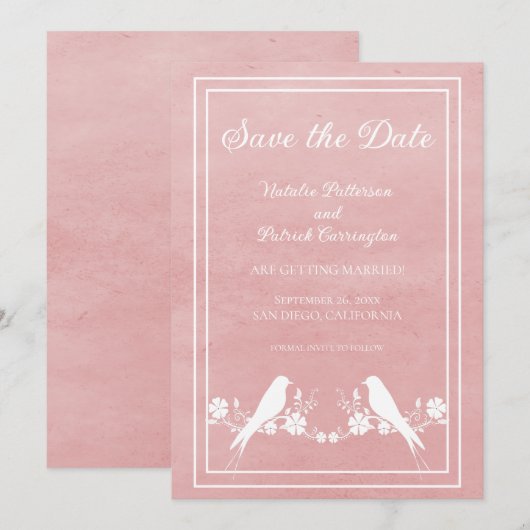 Roze Liefdesvogel Bloemige Save the Date-uitnodigi Kaart (Voorkant / Achterkant)