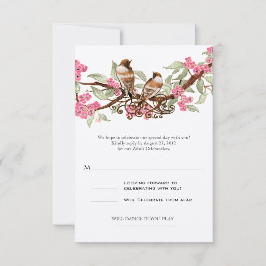 Roze Liefdesvogel Bruiloft RSVP Kaartje (Voorkant)
