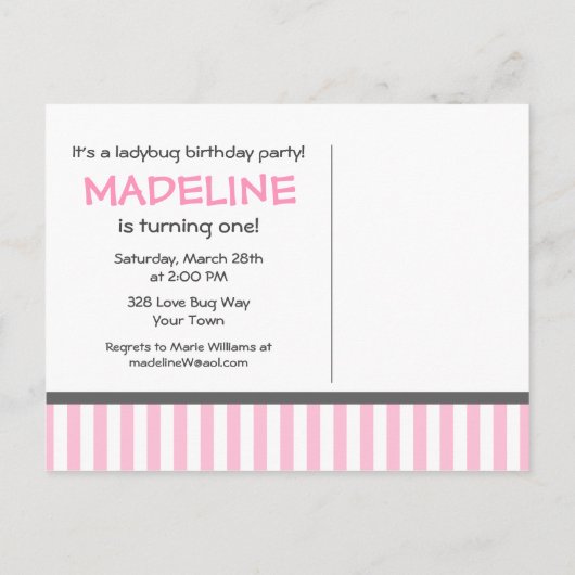 Roze lieveheersbeestje 1e verjaardag uitnodiging (Achterkant)