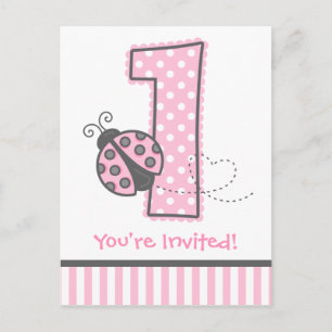 Roze lieveheersbeestje 1e verjaardag uitnodiging briefkaart