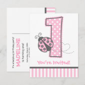 Roze lieveheersbeestje 1e verjaardag uitnodiging briefkaart (Voorkant / Achterkant)