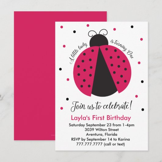 Roze lieveheersbeestje Baby Girl's eerste verjaard Kaart (Voorkant / Achterkant)