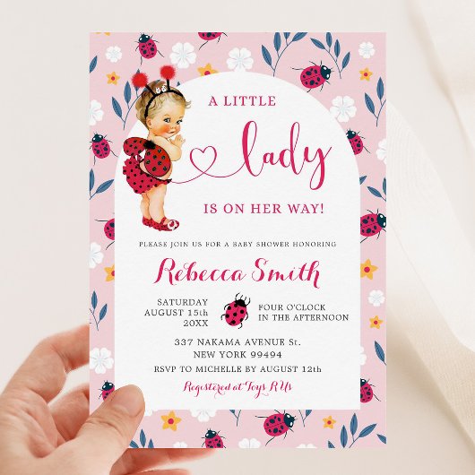 Roze Lieveheersbeestje Blond Meisje Baby Shower Ui Kaart