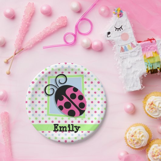 Roze lieveheersbeestje, roze, blauw, groen, stippe papieren bordje (Feest)