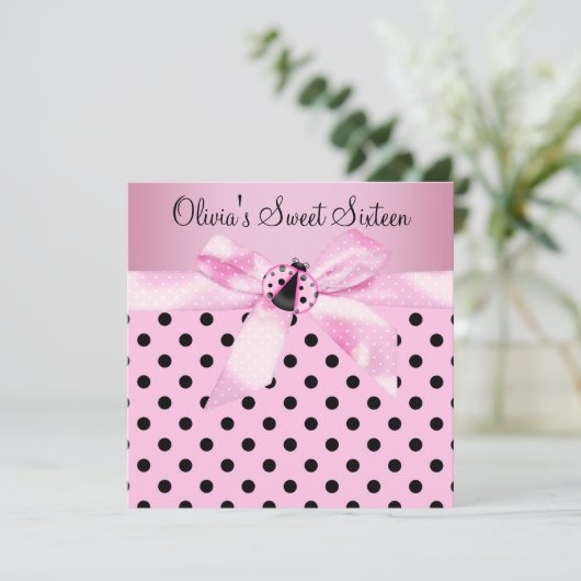 Roze lieveheersbeestje Sweet Sixteen Birthday Part Kaart (Staand voorkant)