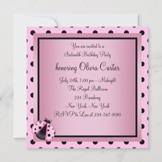 Roze lieveheersbeestje Sweet Sixteen Birthday Part Kaart (Achterkant)