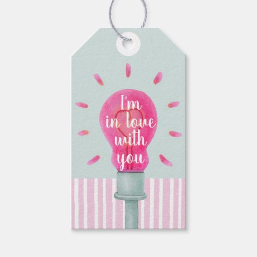 Roze Lightbulb Heart Stripes Gift Label Cadeaulabel (Voorkant)