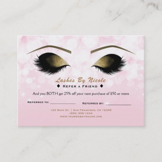 Roze Lights Make-up Lashes Verwijs Vriend Nazorg Aanbevelingskaartje (Voorkant)