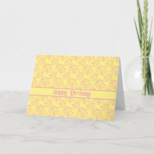 Roze Lijn Bloem Patroon Geel Gelukkige Verjaardag Kaart