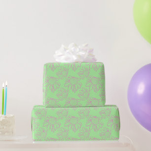 Roze Lijn Getekend Bloempatroon op Groen Cadeaupapier