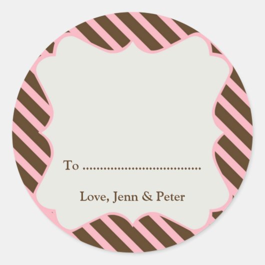 Roze lijst bruine streep kerstvakantie cadeau labe ronde sticker (Voorkant)