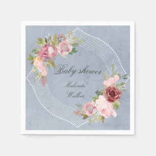 roze lijst met bruine bloem baby shower servet