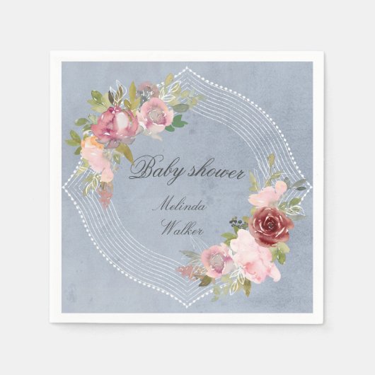 roze lijst met bruine bloem baby shower servet (Voorkant)