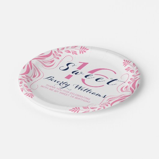 Roze Lijst Sweet 16 Sjabloon Papieren Bordje (Gekanteld)