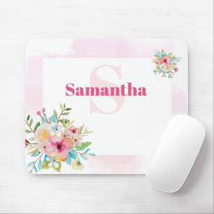 Roze Lijst Waterverf Bloemen Custom Monogram Muismat