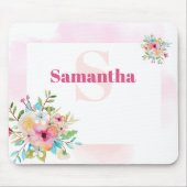 Roze Lijst Waterverf Bloemen Custom Monogram Muismat (Voorkant)