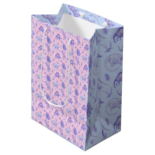 Roze, Lila, Blauw en Paarse Dinosaurus Gift Bag Medium Cadeauzakje (Voorkant Gekanteld)