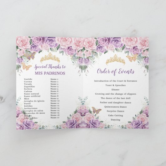Roze Lila Bloemen Quinceañera Orde der Gebeurtenis Programma (Binnen)