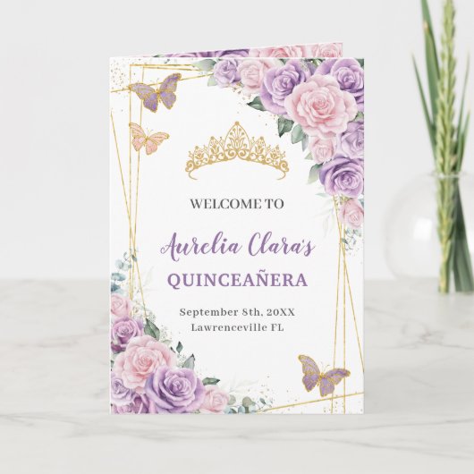 Roze Lila Bloemen Quinceañera Orde der Gebeurtenis Programma (Voorkant)
