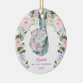 Roze Lila Floral Elephant Baby Eerste Kerstmis Keramisch Ornament (Rechts)