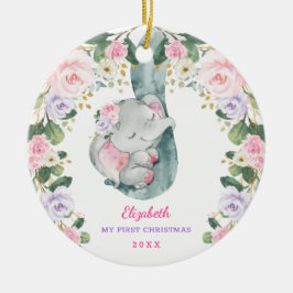 Roze Lila Floral Elephant Baby Eerste Kerstmis Keramisch Ornament