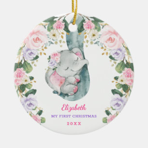 Roze Lila Floral Elephant Baby Eerste Kerstmis Keramisch Ornament