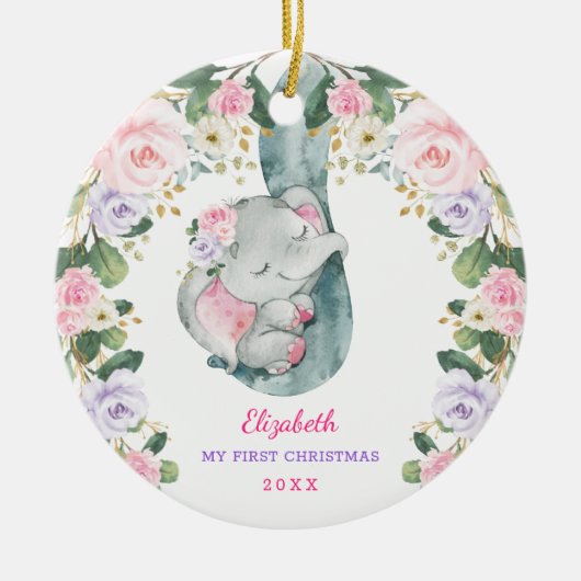 Roze Lila Floral Elephant Baby Eerste Kerstmis Keramisch Ornament (Voorkant)