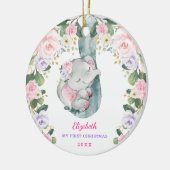 Roze Lila Floral Elephant Baby Eerste Kerstmis Keramisch Ornament (Links)