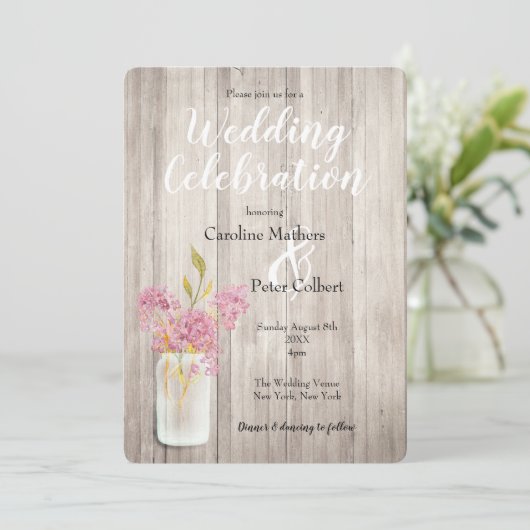 Roze Lila Mason Jar Barn Wood Rustic Wedding Kaart (Staand voorkant)