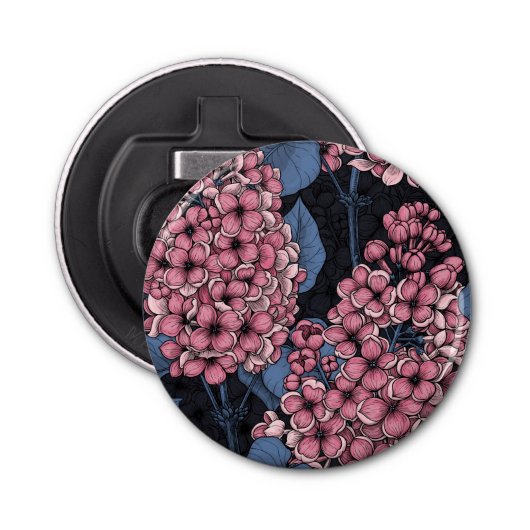 Roze lila op donkerblauw button flesopener (Voorkant)