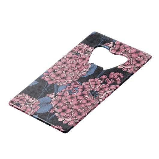 Roze lila op donkerblauw creditkaart flessenopener (Achterkant Gekanteld)