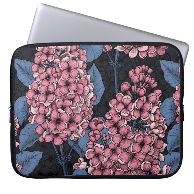 Roze lila op donkerblauw laptop sleeve (Voorkant)