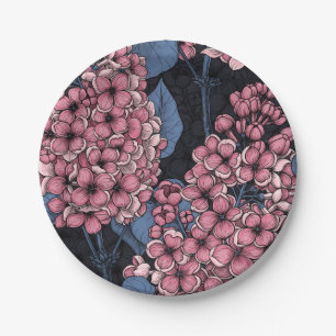 Roze lila op donkerblauw papieren bordje