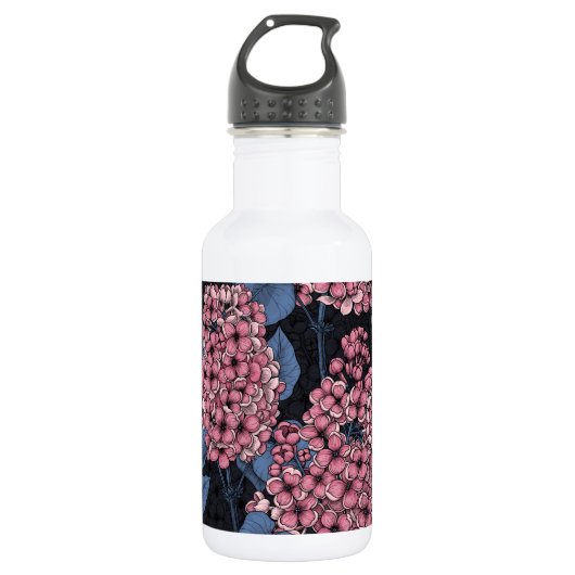 Roze lila op donkerblauw waterfles  (Voorkant)