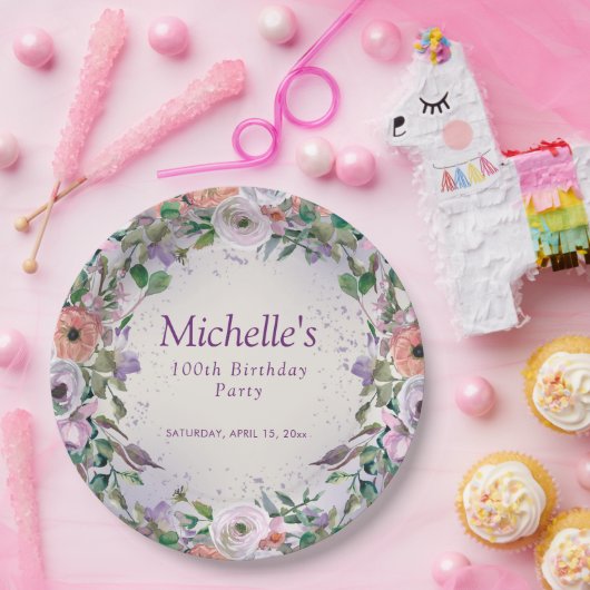 Roze Lila Paarse Waterverf Floral 100e verjaardag Papieren Bordje (Feest)