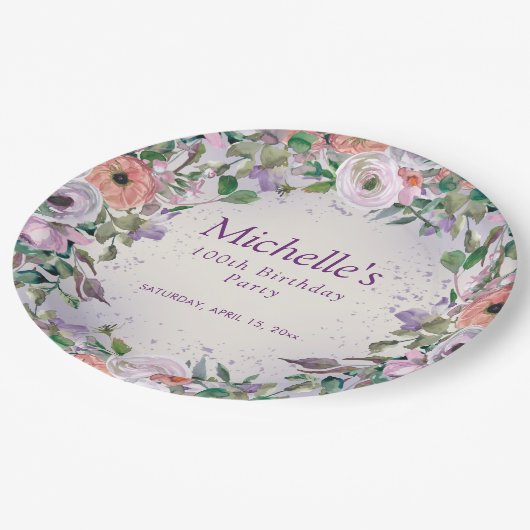Roze Lila Paarse Waterverf Floral 100e verjaardag Papieren Bordje (Gekanteld)