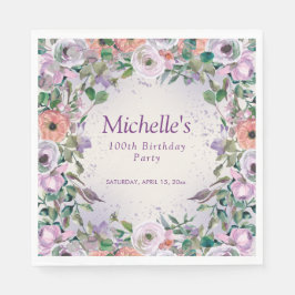 Roze Lila Paarse Waterverf Floral 100e verjaardag Servet
