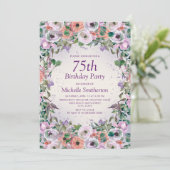 Roze Lila Paarse Waterverf Floral 75e verjaardag Kaart (Staand voorkant)