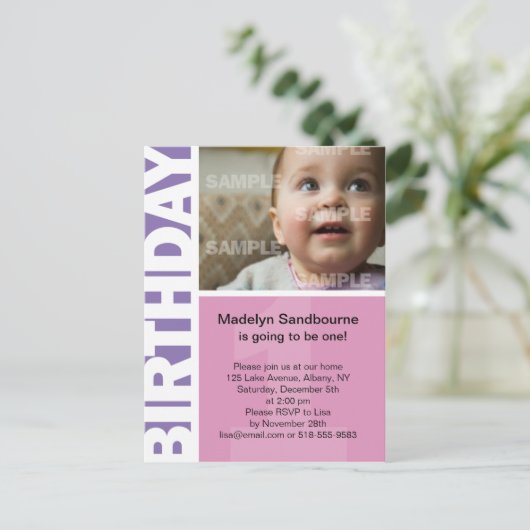 Roze Lila paneel 1e verjaardag uitnodiging (Staand voorkant)