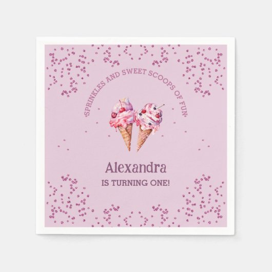 Roze Lila Schep Meisje Ijs 1e Verjaardagsfeest Servet (Voorkant)