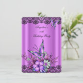 Roze Lila vlinder Floral Black Lace Birthday Kaart (Staand voorkant)